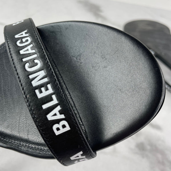 BALENCIAGA Black/White Logo Flat Sandals Size 36