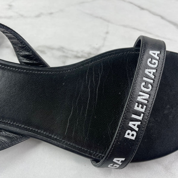 BALENCIAGA Black/White Logo Flat Sandals Size 36