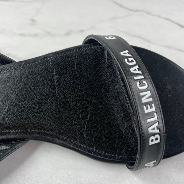 BALENCIAGA Black/White Logo Flat Sandals Size 36