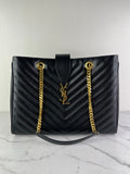 SAINT LAURENT Black Grain De Poudre Matelasse Chevron Monogram Shopping Tote Shoulder Bag