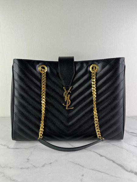SAINT LAURENT Black Grain De Poudre Matelasse Chevron Monogram Shopping Tote Shoulder Bag