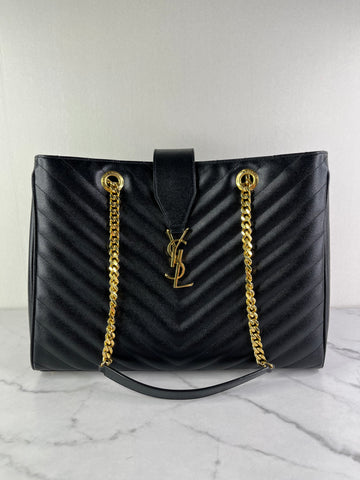 SAINT LAURENT Black Grain De Poudre Matelasse Chevron Monogram Shopping Tote Shoulder Bag