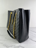 SAINT LAURENT Black Grain De Poudre Matelasse Chevron Monogram Shopping Tote Shoulder Bag