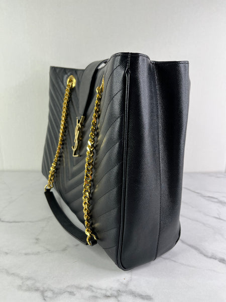 SAINT LAURENT Black Grain De Poudre Matelasse Chevron Monogram Shopping Tote Shoulder Bag