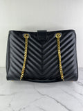SAINT LAURENT Black Grain De Poudre Matelasse Chevron Monogram Shopping Tote Shoulder Bag