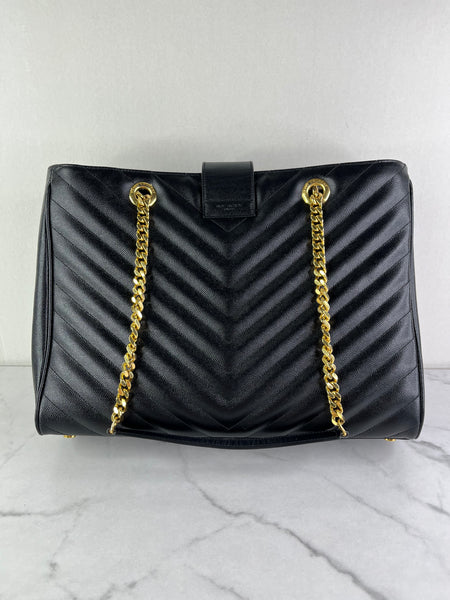 SAINT LAURENT Black Grain De Poudre Matelasse Chevron Monogram Shopping Tote Shoulder Bag