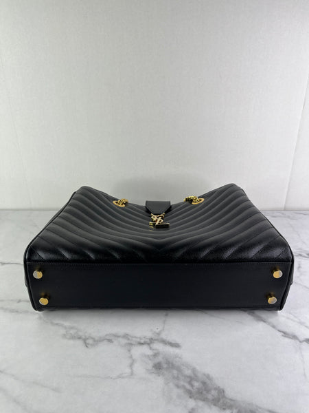 SAINT LAURENT Black Grain De Poudre Matelasse Chevron Monogram Shopping Tote Shoulder Bag