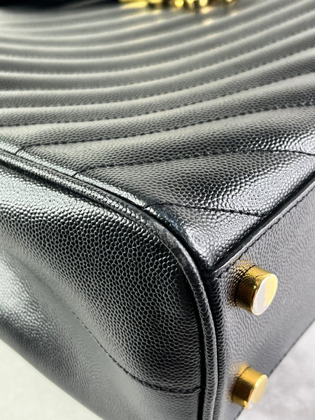 SAINT LAURENT Black Grain De Poudre Matelasse Chevron Monogram Shopping Tote Shoulder Bag