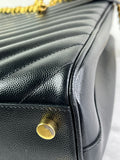 SAINT LAURENT Black Grain De Poudre Matelasse Chevron Monogram Shopping Tote Shoulder Bag