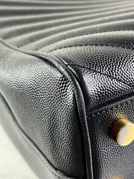 SAINT LAURENT Black Grain De Poudre Matelasse Chevron Monogram Shopping Tote Shoulder Bag