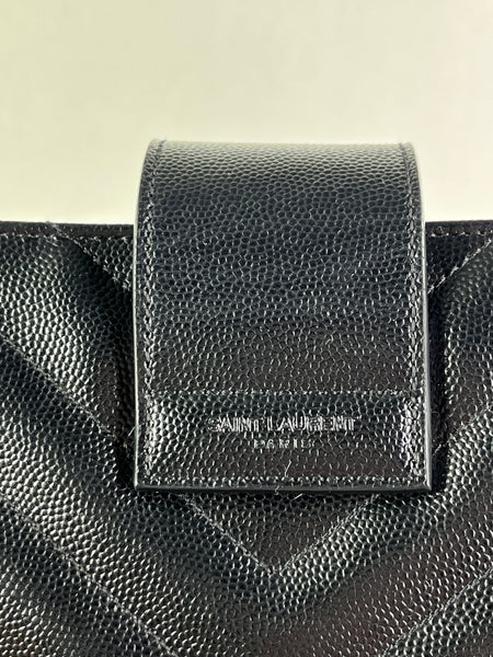 SAINT LAURENT Black Grain De Poudre Matelasse Chevron Monogram Shopping Tote Shoulder Bag