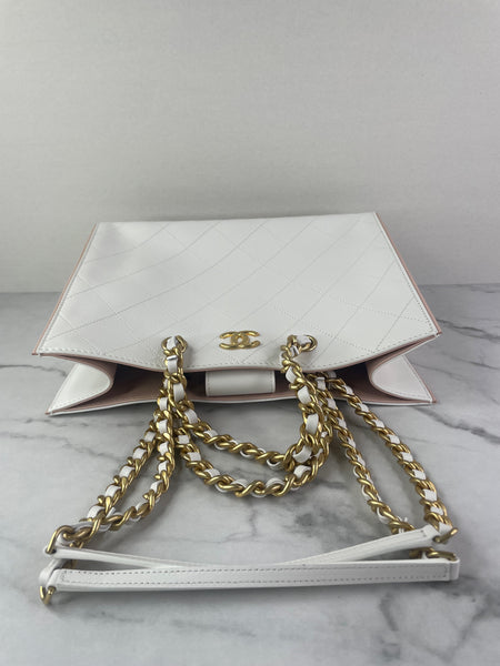 CHANEL White Smooth Calfskin Small Shopping Tote Shoulder Bag