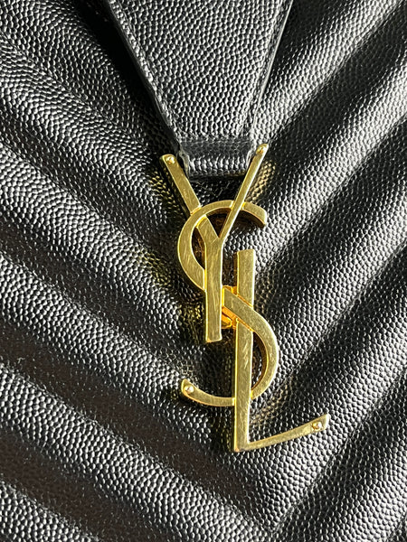 SAINT LAURENT Black Grain De Poudre Matelasse Chevron Monogram Shopping Tote Shoulder Bag