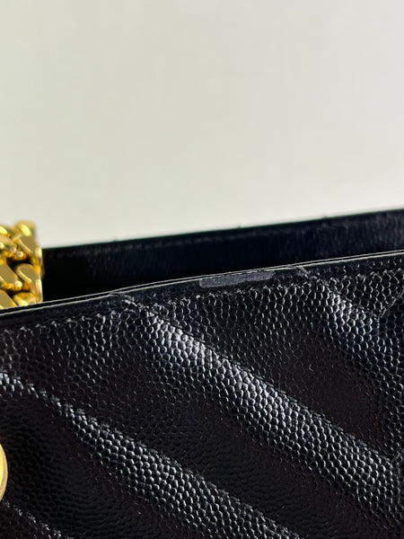 SAINT LAURENT Black Grain De Poudre Matelasse Chevron Monogram Shopping Tote Shoulder Bag