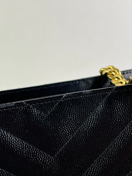 SAINT LAURENT Black Grain De Poudre Matelasse Chevron Monogram Shopping Tote Shoulder Bag