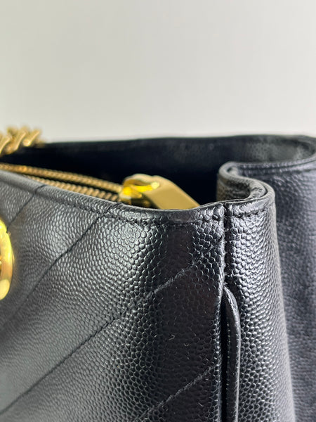SAINT LAURENT Black Grain De Poudre Matelasse Chevron Monogram Shopping Tote Shoulder Bag