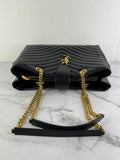 SAINT LAURENT Black Grain De Poudre Matelasse Chevron Monogram Shopping Tote Shoulder Bag