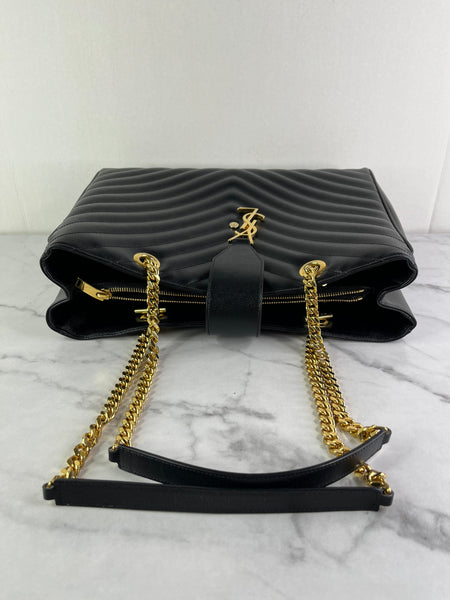 SAINT LAURENT Black Grain De Poudre Matelasse Chevron Monogram Shopping Tote Shoulder Bag