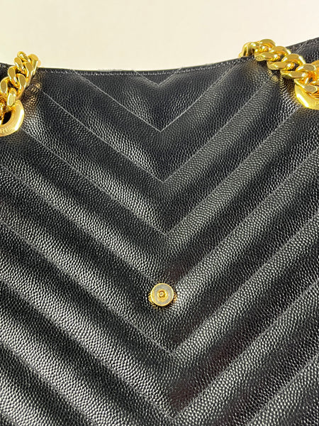 SAINT LAURENT Black Grain De Poudre Matelasse Chevron Monogram Shopping Tote Shoulder Bag