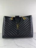 SAINT LAURENT Black Grain De Poudre Matelasse Chevron Monogram Shopping Tote Shoulder Bag