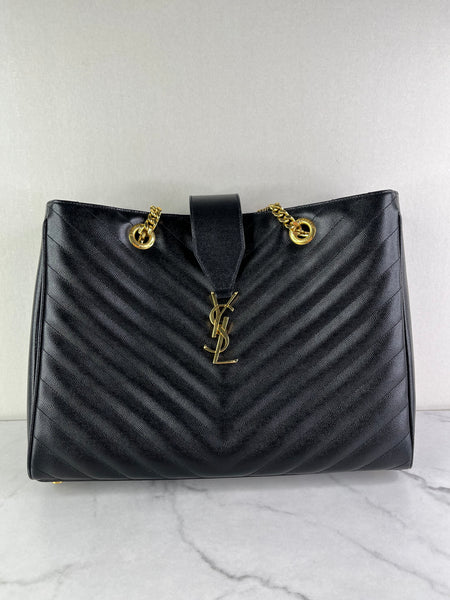 SAINT LAURENT Black Grain De Poudre Matelasse Chevron Monogram Shopping Tote Shoulder Bag
