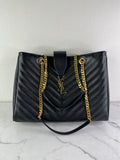 SAINT LAURENT Black Grain De Poudre Matelasse Chevron Monogram Shopping Tote Shoulder Bag