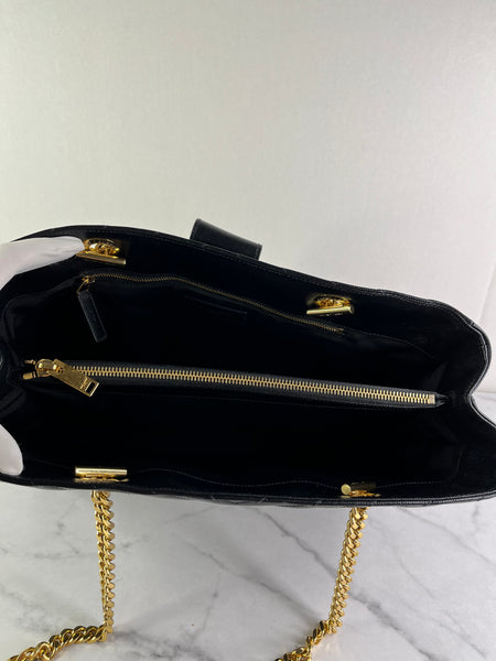 SAINT LAURENT Black Grain De Poudre Matelasse Chevron Monogram Shopping Tote Shoulder Bag