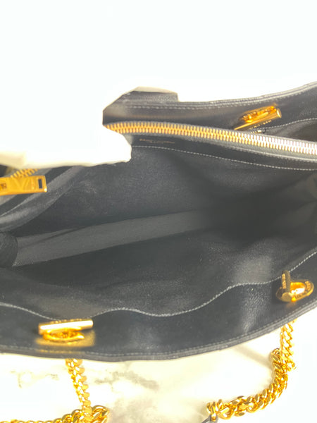 SAINT LAURENT Black Grain De Poudre Matelasse Chevron Monogram Shopping Tote Shoulder Bag