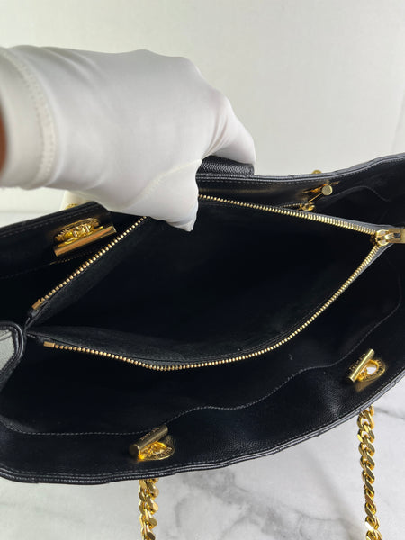 SAINT LAURENT Black Grain De Poudre Matelasse Chevron Monogram Shopping Tote Shoulder Bag