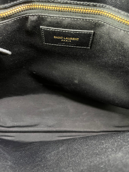 SAINT LAURENT Black Grain De Poudre Matelasse Chevron Monogram Shopping Tote Shoulder Bag