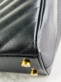 SAINT LAURENT Black Grain De Poudre Matelasse Chevron Monogram Shopping Tote Shoulder Bag
