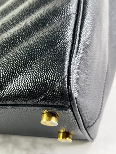 SAINT LAURENT Black Grain De Poudre Matelasse Chevron Monogram Shopping Tote Shoulder Bag