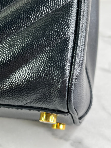 SAINT LAURENT Black Grain De Poudre Matelasse Chevron Monogram Shopping Tote Shoulder Bag