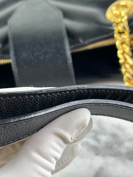 SAINT LAURENT Black Grain De Poudre Matelasse Chevron Monogram Shopping Tote Shoulder Bag