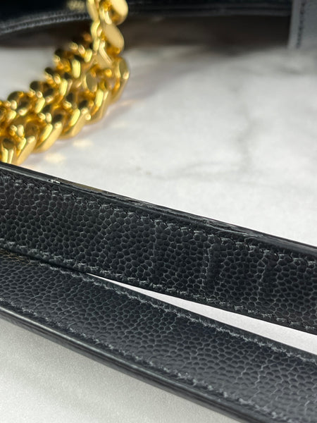 SAINT LAURENT Black Grain De Poudre Matelasse Chevron Monogram Shopping Tote Shoulder Bag