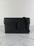 SAINT LAURENT BLACK GRAIN DE POUDRE LEATHER CASSANDRE ENVELOPE CHAIN WALLET Crossbody/Shoulder Bag