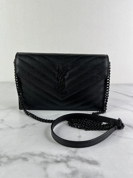 SAINT LAURENT BLACK GRAIN DE POUDRE LEATHER CASSANDRE ENVELOPE CHAIN WALLET Crossbody/Shoulder Bag