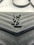 SAINT LAURENT BLACK GRAIN DE POUDRE LEATHER CASSANDRE ENVELOPE CHAIN WALLET Crossbody/Shoulder Bag