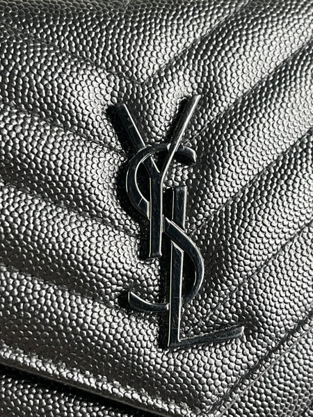SAINT LAURENT BLACK GRAIN DE POUDRE LEATHER CASSANDRE ENVELOPE CHAIN WALLET Crossbody/Shoulder Bag