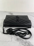 SAINT LAURENT BLACK GRAIN DE POUDRE LEATHER CASSANDRE ENVELOPE CHAIN WALLET Crossbody/Shoulder Bag