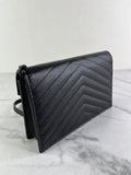 SAINT LAURENT BLACK GRAIN DE POUDRE LEATHER CASSANDRE ENVELOPE CHAIN WALLET Crossbody/Shoulder Bag