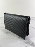 SAINT LAURENT BLACK GRAIN DE POUDRE LEATHER CASSANDRE ENVELOPE CHAIN WALLET Crossbody/Shoulder Bag