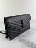 SAINT LAURENT BLACK GRAIN DE POUDRE LEATHER CASSANDRE ENVELOPE CHAIN WALLET Crossbody/Shoulder Bag