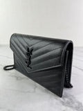 SAINT LAURENT BLACK GRAIN DE POUDRE LEATHER CASSANDRE ENVELOPE CHAIN WALLET Crossbody/Shoulder Bag