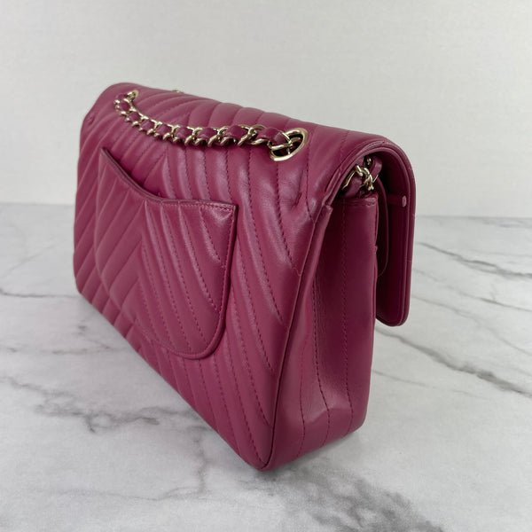 CHANEL Raspberry Dark Pink Chevron Lambskin Medium Classic Double Flap Bag