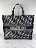 Christian Dior Ecru and Blue Oblique Embroidery Large Book Tote