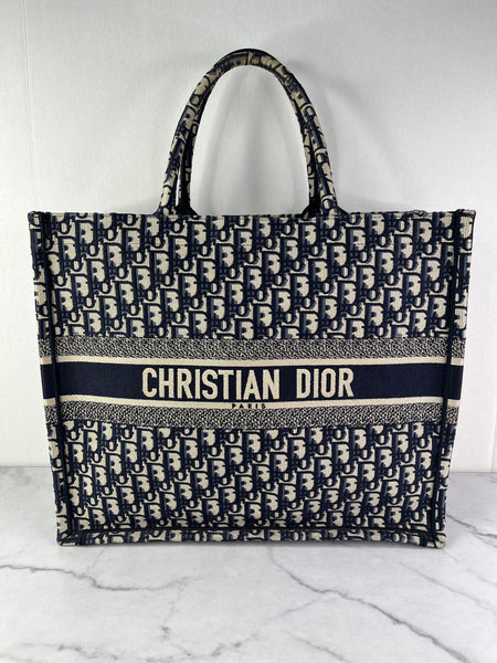 Christian Dior Ecru and Blue Oblique Embroidery Large Book Tote