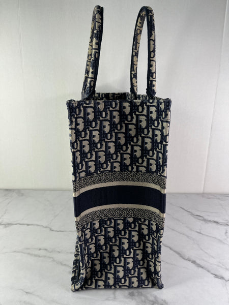 Christian Dior Ecru and Blue Oblique Embroidery Large Book Tote