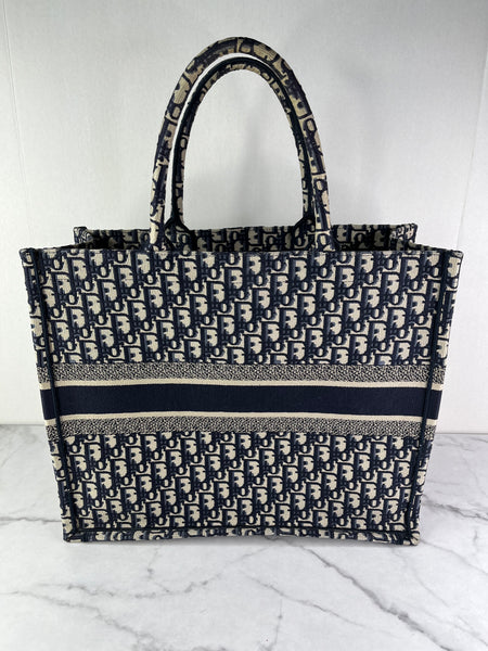 Christian Dior Ecru and Blue Oblique Embroidery Large Book Tote