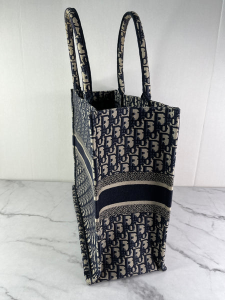 Christian Dior Ecru and Blue Oblique Embroidery Large Book Tote